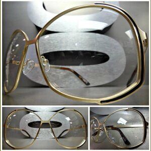 OVERSIZED VINTAGE 70s RETRO Style Clear Lens EYE GLASSES Huge Gold Fashion Frame